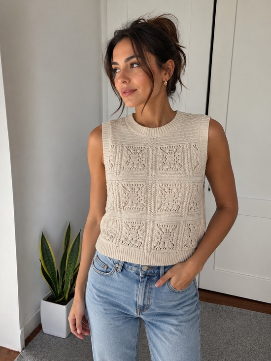Lucky Brand Sweaters - Lucky Brand Cream Crochet Knit Crewneck Sweater, Size L